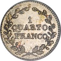 reverse of 1/4 Franco (1835) coin with KM# 7 from Swiss cantons. Inscription: 1 QUARTO FRANCO