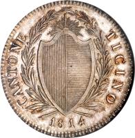 obverse of 4 Franchi (1814) coin with KM# 6 from Swiss cantons. Inscription: CANTONE	TICINO 1814