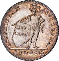 reverse of 4 Franchi (1814) coin with KM# 6 from Swiss cantons. Inscription: CONFEDERAZ:	SVIZZERA. XIX CANT 4.FRANCHI