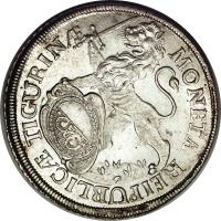 obverse of 1 Thaler (1721 - 1761) coin with KM# 143 from Swiss cantons. Inscription: MONETA REIPUBLIC · TIGURIN ·