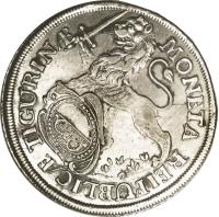 obverse of 1 Thaler (1736 - 1768) coin with KM# 150 from Swiss cantons. Inscription: MONETA REIPUBLIC · TIGURIN ·