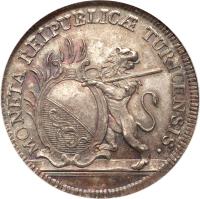 obverse of 1 Gulden (1776) coin with KM# 166 from Swiss cantons. Inscription: MONETA REIPUBLIC · TURICENSIS.