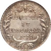 reverse of 1 Gulden (1776) coin with KM# 166 from Swiss cantons. Inscription: IUSTITIA ET CONCORDIA 1776.