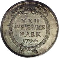 reverse of 1 Gulden (1783 - 1798) coin with KM# 174 from Swiss cantons. Inscription: XXII AVFIFEINE MARK 1794