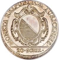 obverse of 20 Schillings (1774 - 1780) coin with KM# 160 from Swiss cantons. Inscription: MONETA REIPUBLICÆ TURICENSIS 20 · SCHIL ·