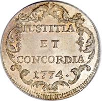 reverse of 20 Schillings (1774 - 1780) coin with KM# 160 from Swiss cantons. Inscription: IUSTITIA ET CONCORDIA 1774 ·