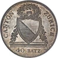 obverse of 40 Batzen (1813) coin with KM# 190 from Swiss cantons. Inscription: CANTON	ZÜRICH 40.BATZ