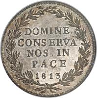 reverse of 40 Batzen (1813) coin with KM# 190 from Swiss cantons. Inscription: DOMINE CONSERVA NOS IN PACE 1813 B