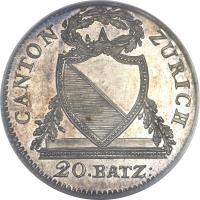 obverse of 20 Batzen (1826) coin with KM# 192 from Swiss cantons. Inscription: CANTON ZURICH 20.BATZ