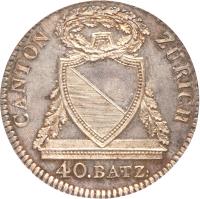 obverse of 40 Batzen (1813) coin with KM# 189 from Swiss cantons. Inscription: CANTON	ZÜRICH 40.BATZ