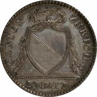 obverse of 20 Batzen (1813) coin with KM# 186 from Swiss cantons. Inscription: CANTON	ZÜRICH .B. 20.BATZ: