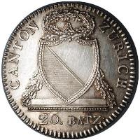 obverse of 20 Batzen (1813) coin with KM# 187 from Swiss cantons. Inscription: CANTON	ZÜRICH 20. BATZ: