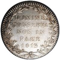 reverse of 20 Batzen (1813) coin with KM# 187 from Swiss cantons. Inscription: DOMINE CONSERVA NOS IN PACE 1813