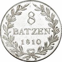 reverse of 8 Batzen (1810 - 1814) coin with KM# 184 from Swiss cantons. Inscription: 8 BATZEN 1810 B