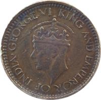 obverse of 25 Cents - George VI (1943) coin with KM# 115 from Ceylon. Inscription: GEORGE VI KING AND EMPEROR OF INDIA