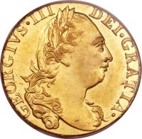 obverse of 1 Guinea - George III (1774 - 1786) coin with KM# 604 from United Kingdom. Inscription: GEORGIVIS · III DEI · GRATIA ·