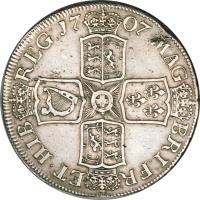 reverse of 1 Crown - Anne (1707 - 1708) coin with KM# 526 from United Kingdom. Inscription: MAG · BRI · FR · ET · HIB · REG · 17 07 ·