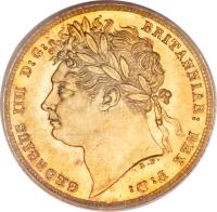 obverse of 1 Sovereign - George IV (1821 - 1825) coin with KM# 682 from United Kingdom. Inscription: GEORGIUS D: G: BRITANNIAR: REX F: D: