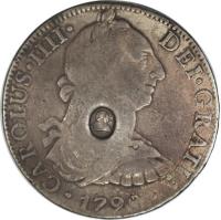 obverse of 8 Reales - George III - Countermarked Coinage (1789 - 1790) coin with KM# 633 from United Kingdom. Inscription: CAROLUS · IIII · DEI · GRATIA · · 1790 ·