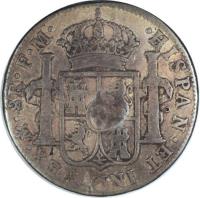 reverse of 8 Reales - George III - Countermarked Coinage (1789 - 1790) coin with KM# 633 from United Kingdom. Inscription: · HISPAN · ET IND · REX · Mo · 8R · F · M · PLUS VLTRA