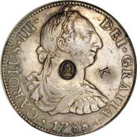 obverse of 8 Reales - George III - Countermarked Coinage (1788 - 1790) coin with KM# 641 from United Kingdom. Inscription: CAROLUS · III · DEI · GRATIA · 1788 · K