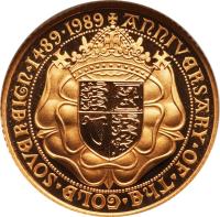 reverse of 1/2 Sovereign - Elizabeth II - Anniversary of the Gold Sovereign (1989) coin with KM# 955 from United Kingdom. Inscription: AnnIVERSARY · OF · ThE · GOLD · SOVEREIGn · 1489 · 1989