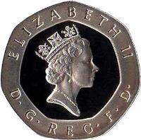 obverse of 20 Pence - Elizabeth II - 25th Anniversary of Decimal Currency - Silver Proof; 3'rd Portrait (1996) coin with KM# 939a from United Kingdom. Inscription: ELIZABETH II RDM D · G · REG · F · D ·