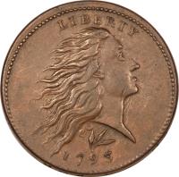 obverse of 1 Cent - Flowing Hair Cent; Wreath reverse (1793) coin with KM# 12 from United States. Inscription: LIBERTY 1793