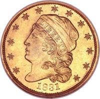 obverse of 2 1/2 Dollars - Turban Head Quarter Eagle (1829 - 1834) coin with KM# 49 from United States. Inscription: LIBERTY 1831