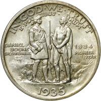 obverse of 1/2 Dollar - Boone Bicentennial (1934 - 1938) coin with KM# 165 from United States. Inscription: IN GOD WE TRUST E PLURIBUS UNUM DANIEL BOONE BICENTENNIAL 1934 PIONEER YEAR 1935