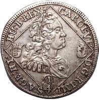 obverse of 1/4 Thaler - Karl III (1727 - 1740) coin with KM# 305 from Hungary. Inscription: CAROL.VI.D:G:R:IMP.S:A:GE:HI:HU:B:REX.