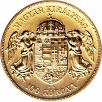 reverse of 100 Korona - Franz Joseph I (1907 - 1908) coin with KM# 491 from Hungary.