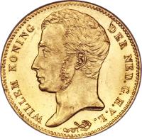 obverse of 10 Gulden - Willem I (1818 - 1840) coin with KM# 56 from Netherlands. Inscription: WILLEM KONING DER NED G H V L