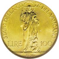 reverse of 100 Lire - Pius XI (1929 - 1935) coin with KM# 9 from Vatican City. Inscription: STATO DELLA CIT TA' DEL VATICANO LIRE 100 1939