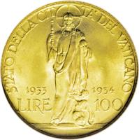 reverse of 100 Lire - Pius XI - Jubilee (1933) coin with KM# 19 from Vatican City.