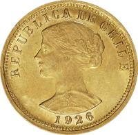 obverse of 100 Pesos (1926) coin with KM# 170 from Chile. Inscription: REPUBLICA DE CHILE 1926