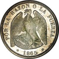 obverse of 50 Centavos (1862 - 1867) coin with KM# 134 from Chile. Inscription: POR LA RAZON O LA FUERZA * 1865 *