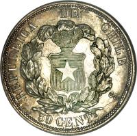 reverse of 50 Centavos (1862 - 1867) coin with KM# 134 from Chile. Inscription: REPUBLICA DE CHILE 50 CENTS OS