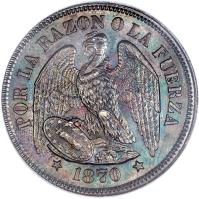 obverse of 50 Centavos (1867 - 1872) coin with KM# 139 from Chile. Inscription: POR LA RAZON O LA FUERZA * 1870 *