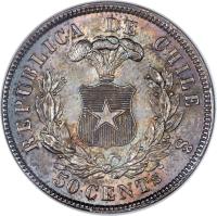 reverse of 50 Centavos (1867 - 1872) coin with KM# 139 from Chile. Inscription: REPUBLICA DE CHILE So 50 CENTs