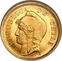 obverse of 10 Pesos (1895) coin with KM# 154 from Chile. Inscription: REPUBLICA DE CHILE