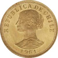 obverse of 50 Pesos (1926 - 1974) coin with KM# 169 from Chile. Inscription: REPUBLICA DE CHILE 1961