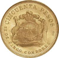 reverse of 50 Pesos (1926 - 1974) coin with KM# 169 from Chile. Inscription: CINCUENTA PESOS CINCO CONDORES