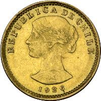 obverse of 20 Pesos (1926 - 1980) coin with KM# 168 from Chile. Inscription: REPUBLICA DE CHILE 1926