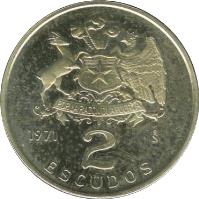 reverse of 2 Escudos (1971) coin with KM# 198 from Chile. Inscription: 2 ESCUDOS