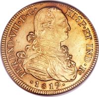 obverse of 8 Escudos - Fernando VII (1808 - 1820) coin with KM# 66 from Colombia. Inscription: FERDND · VII · D · G · HISP · ET IND · R · · 1820 ·