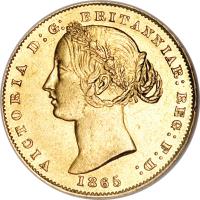 obverse of 1 Sovereign - Victoria (1857 - 1870) coin with KM# 4 from Australia. Inscription: VICTORIA D: G: BRITANNIAR: REG: F: D: 1865