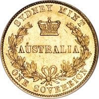 reverse of 1 Sovereign - Victoria (1857 - 1870) coin with KM# 4 from Australia. Inscription: SYDNEY MINT AUSTRALIA ONE SOVEREIGN