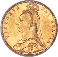 obverse of 1/2 Sovereign - Victoria (1887 - 1893) coin with KM# 9 from Australia. Inscription: VICTORIA DEI GRATIA J. E. B.