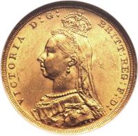 obverse of 1 Sovereign - Victoria (1887) coin with KM# 10 from Australia. Inscription: VICTORIA D:G: BRTITT:REG:F:D: